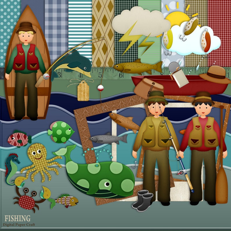 Outdoor Clipart Instant download Digital Digital scrapbook Fish Clip Art Fishing scrapbook Journal Clipart, Nature scrapbook Kit