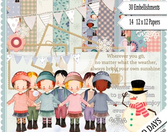 Winter Scrapbook Kit: Children's Holiday, Snowman, photo display, photobook, creation, whimsy, papers, elements (Digital Download)