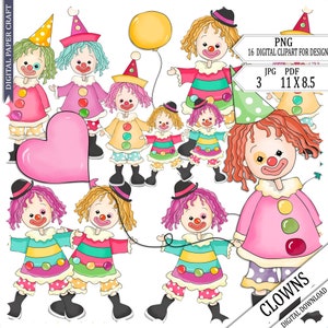 Clown Clipart, Children, Clipart, Circus, Journal, Scrapbooking, Craft, printable, Cardmaking, Sublimation, Nursery, Party, Sublimation image 1