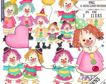 Clown Clipart, Children, Clipart, Circus, Journal, Scrapbooking,   Craft, printable, Cardmaking, Sublimation, Nursery, Party, Sublimation