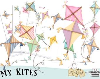 Kite Clipart,  Hand Drawn Kite, Kites clipart, Instant download, Kite flying, festival, fair clipart, Sky Clipart, Commercial Use