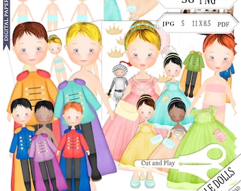 Fairytale Dolls Digital Paper Craft Set – Cut & Play Princesses and Princes, Castle Scene, 38 PNG Clipart, Printable Doll Kit