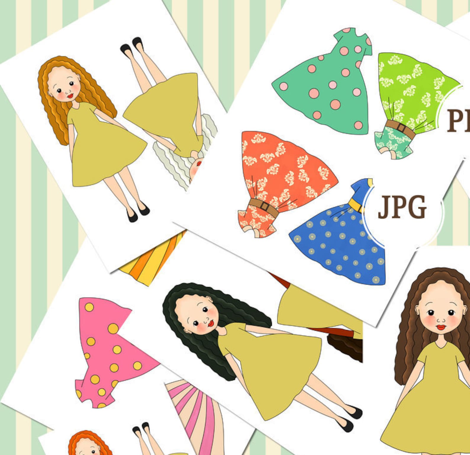 Paper doll clipart Wavy Hair doll Cut out Doll Printable | Etsy