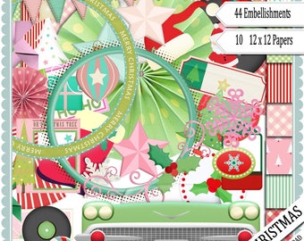 May include: A digital scrapbook kit with a 1950s Christmas theme. The kit includes 44 embellishments and 10 12x12 papers. The image features a vintage car decorated with Christmas ornaments, a star, and a holly sprig. The text "50s Christmas" and "Digital Download" is also included in the image.