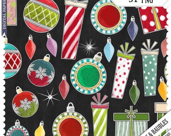Christmas Baubles Chalk Art Clipart: Blackboard Presents, design, craft, (Commercial Use PNG)