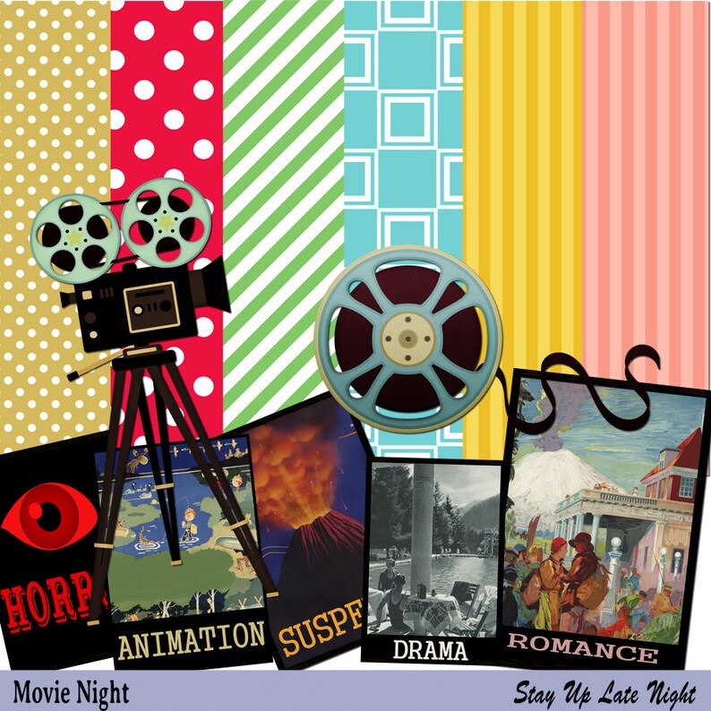 Movie scrapbook Instant Download Theatre Scrapbook Digital Scrapbook sleep Over Scrapbook Movie night clipart