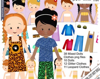 Printable Paper Doll, Digital Dolls, Hair, multicultural, Kids, Cut out doll, Leopard Clothes, Glitter Clothes, Sublimation, PDF, PNG, JPG
