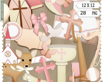 Christening for Girls Digital Paper Pack | Pink Baptism Clipart | Christian Scrapbook Graphics | Religious Baby Girl Christening Decor