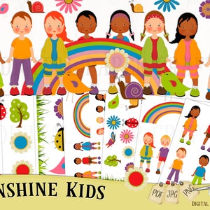 Clipart Sunshine Kids  with rainbows for Card Design, Scrapbooking, and Web Design,Teachers and Transfers,  Instant Download