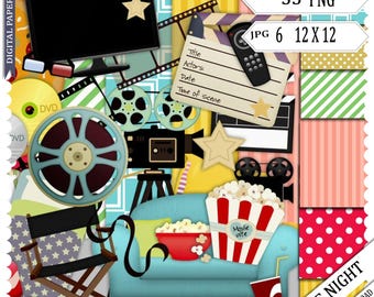 Movie Night Scrapbook Kit: 35 Embellishments, 6 Papers (Digital Download) print at home photo book, movie photobook design