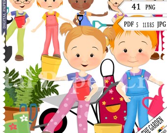 Kids in the Garden Clipart Set | Cute Gardening Children PNG | Digital Paper Craft Kit