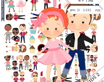 1950s Kids Clipart: Multicultural Retro Characters (Instant Download) boys, girls, rock n roll, printable, commercial use