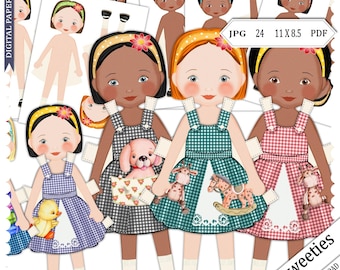Sweetie Dolls Printable Paper Doll Set – Vintage Gingham Dress Cut‑Out Dolls, Digital Paper Craft for Scrapbooking & Journaling (JPG + PDF)