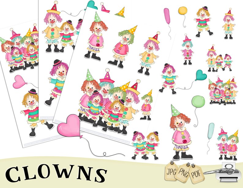 Clown Clipart, Children, Clipart, Circus, Journal, Scrapbooking, Craft, printable, Cardmaking, Sublimation, Nursery, Party, Sublimation image 5