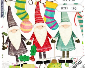 Watercolor Christmas Clipart, Santa, Watercolor, Presents, Wreath, Baubles, Png, Jpg, Printable, Vivid Christmas, Happy