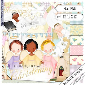 May include: A digital paper craft set for baby christenings. The set includes 42 PNG images and 12 JPG images, all 12 inches by 12 inches. The images feature angels, a church, a bible, and a baby in a white gown. The text "Blessings", "Baptism", and "On the Day Of Your Christening" is included in the design.