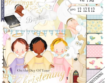 Christening Scrapbook Kit: Baby Baptism, Papers, Elements, photo display, creation, invitation, photobook, craft (Digital Download)