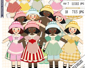 Paper Doll, Digital Paper doll, cut out doll, Hand drawn, Instant Download, Sweet little dollies. multicultural doll, pdf, jpg, Printable