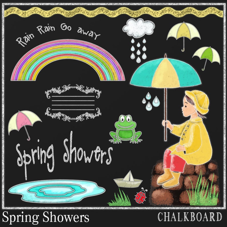 Chalkboard Clipart Weather chalk art Girl with umbrella rain clipart