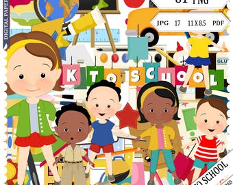 Multicultural School Clipart: Kids, Bus, Globe (PNG, JPG, PDF) school decorations, classroom, printable, newsletters, label, organization