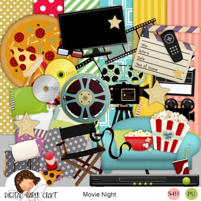 Movie scrapbook Instant Download Theatre Scrapbook Digital Scrapbook sleep Over Scrapbook Movie night clipart