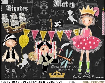 Pirate chalk art, Black board clipart, Princess Clipart, Card making , pirate and princess,  Invitation,
