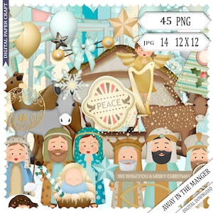 Kit de scrapbooking pour la crèche de Noël dans la crèche Marie-Jésus et les trois sages chameau papier et éléments, scrapbooking numérique, découpage