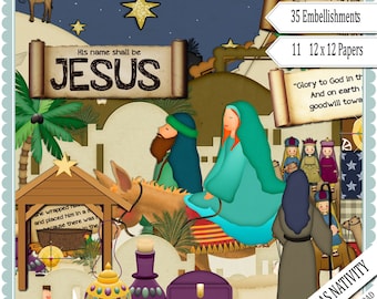 Nativity Scrapbook Kit: Christmas Bible Journal Embellishments, Jesus, Mary, Joseph, Papers, Elements, Photo Book Create (Digital Download)