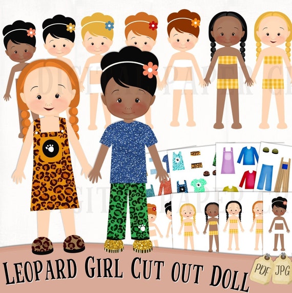 Printable Paper Doll, Digital Dolls, Hair, Multicultural, Kids, Cut Out  Doll, Leopard Clothes, Glitter Clothes, Sublimation, PDF, PNG, JPG 