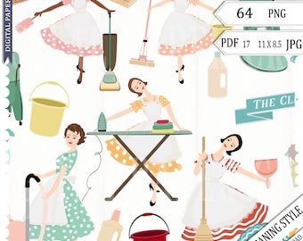Retro Cleaning Clipart: 50s Housework Graphics, house chores, tools, multicultural, design, printable (PNG, JPG, PDF) business