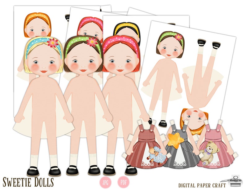 Paper Doll, Multicultural, Digital Paper doll, Cut out doll, Printable doll, Instant Download, Little dresses, Little girl dolls, printable image 4