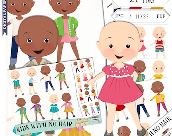 Bald Children Clipart: Hand-Drawn Multicultural Kids (PDF, PNG, JPG) Commercial Use, printable, Hospital, Recovery, Illness,