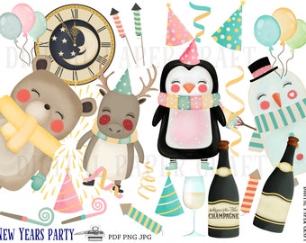 New years clipart, New Years, New Years eve clipart, Instant download, animal Clipart,, new year clipart, pdf. png, jpg