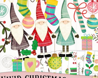 Watercolor Christmas Clipart, Santa Clipart, Watercolor, Presents, Wreath, Baubles, Png, Jpg, Printable, Vivid Christmas,Happy