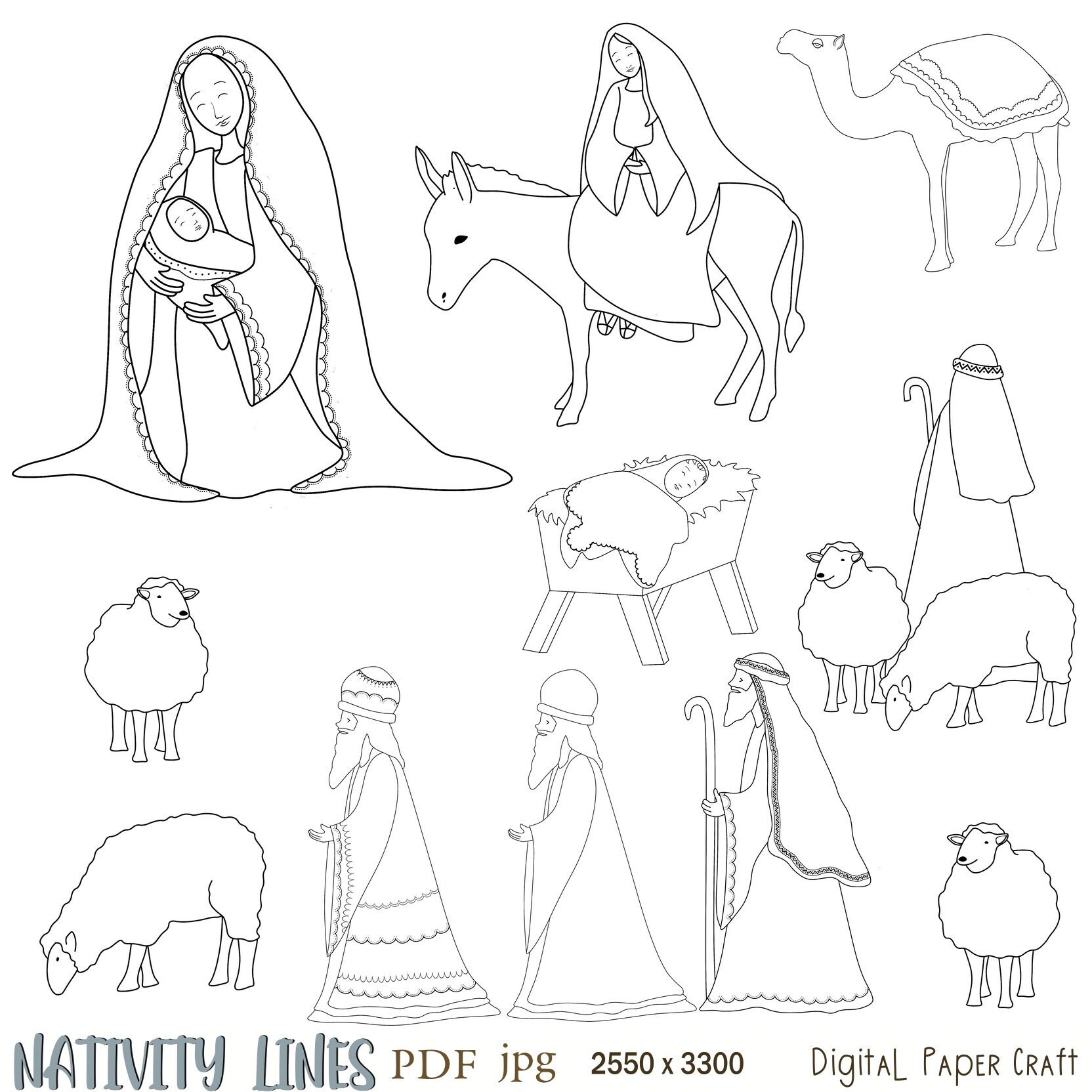 Nativity Line Art Color In Digital Stamps Etsy Australia