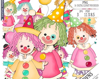 Clown Clipart, Children, Clipart, Circus, Journal, Scrapbooking, Craft, printable, Cardmaking, Nursery, Party, Sublimation, Commercial Use