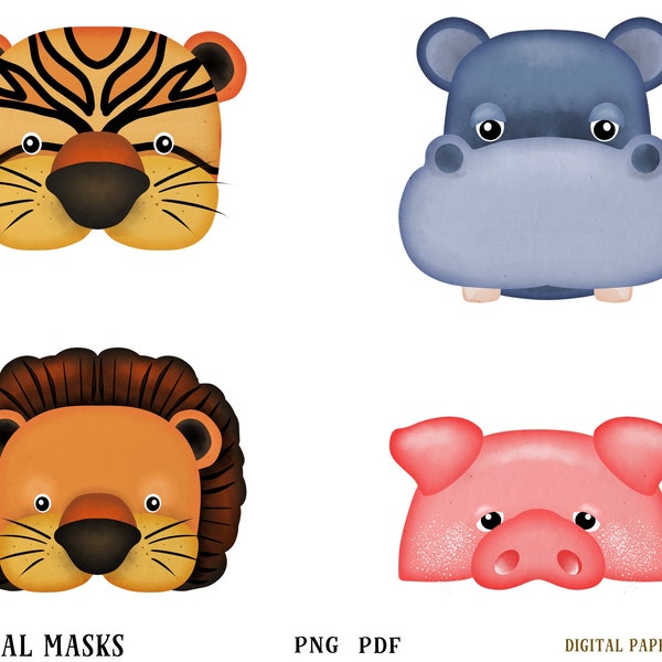 Masque de tigre, masque de cochon, masque de lion, masque d'hippopotame, masque imprimable, masque de fête, téléchargement immédiat, pdf, png