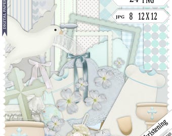 May include: Digital paper craft set with baptism-themed elements. The image features a dove, cross, chalice, and baby clothes in soft blue, white, and beige tones. The text on the image says "24 PNG", "JPG 8 12 X 12", and "Boys Christening".