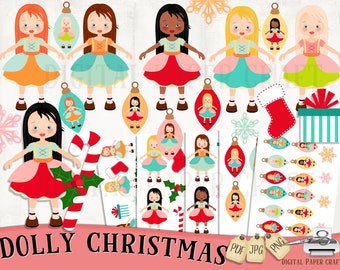 Christmas Dolls, Snowflakes and Decorations Clipart, Little Girl Clipart, Baubles, Presents, Snowflakes, pdf, jpg, png