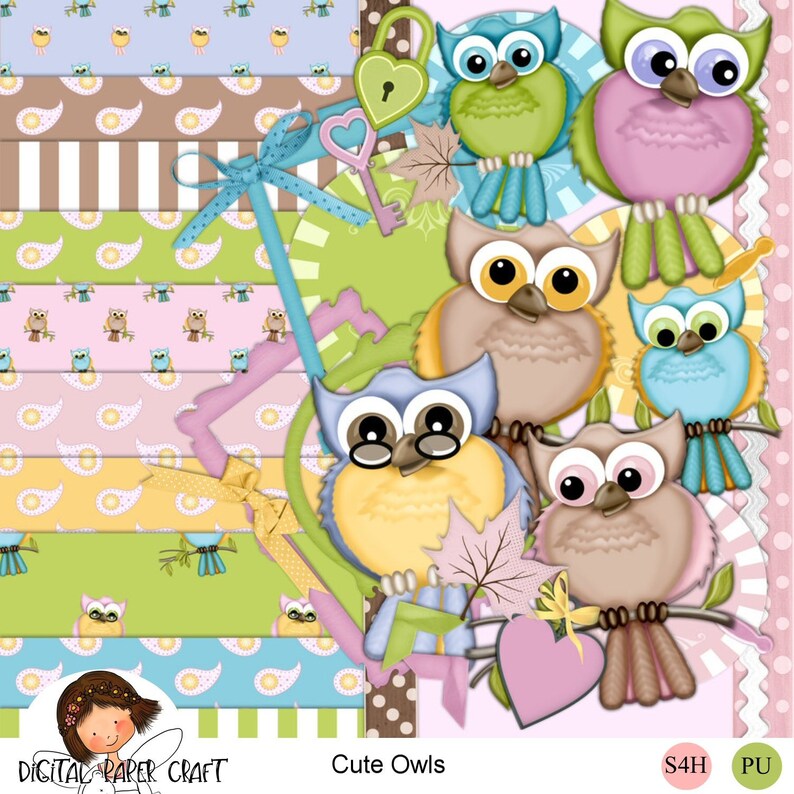 Childrens scrapbook Owls Pretty, Owl scrapbook Digital Scrapbook