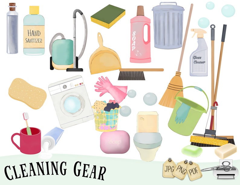 Cleaning Clipart, Chores Clipart, Housework Clipart, Instant Download, Sanitizing, House Rules Clipart, Planner Clipart, Cleaning Gear, image 1