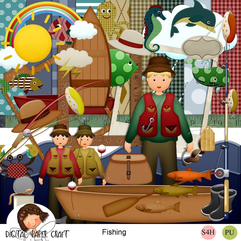 Outdoor Clipart Instant download Digital Digital scrapbook Fish Clip Art Fishing scrapbook Journal Clipart, Nature scrapbook Kit