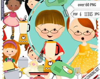 Kids Cooking Clipart: Hand-Drawn Children, Recipe Graphics (PNG, JPG, PDF) cook book, recipe photobook, design, printable