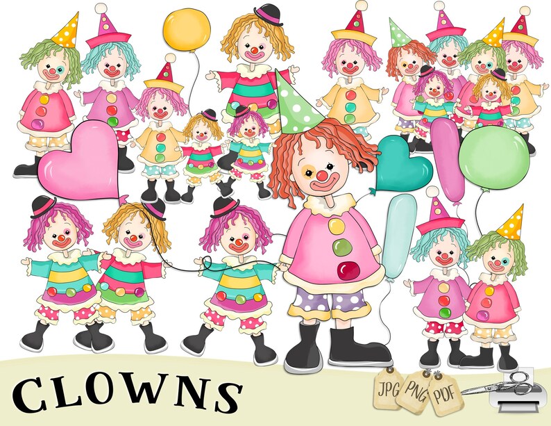 Clown Clipart, Children, Clipart, Circus, Journal, Scrapbooking, Craft, printable, Cardmaking, Sublimation, Nursery, Party, Sublimation image 3