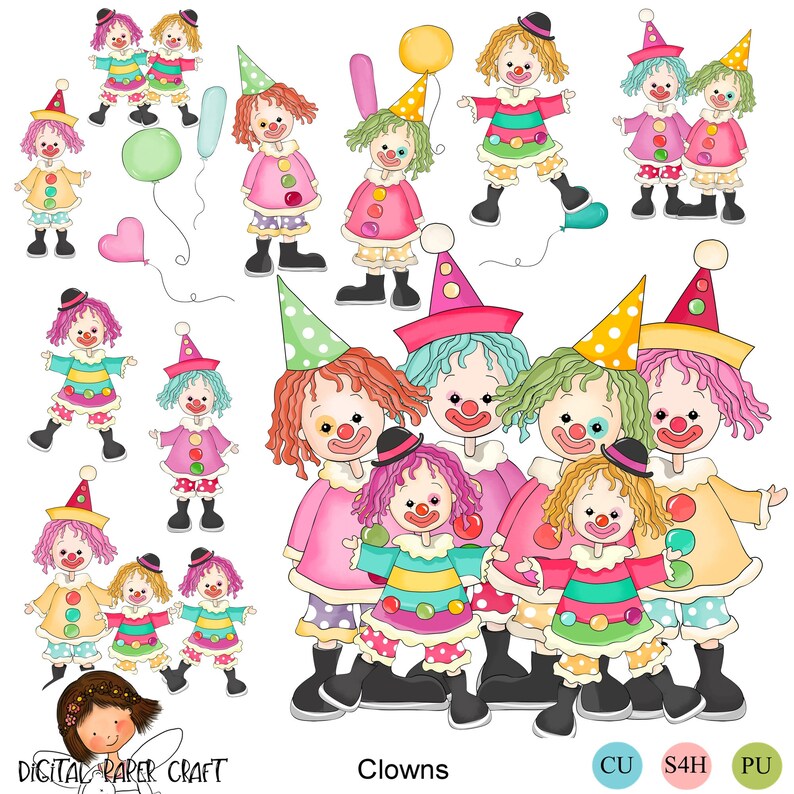 Clown Clipart, Children, Clipart, Circus, Journal, Scrapbooking, Craft, printable, Cardmaking, Sublimation, Nursery, Party, Sublimation image 7