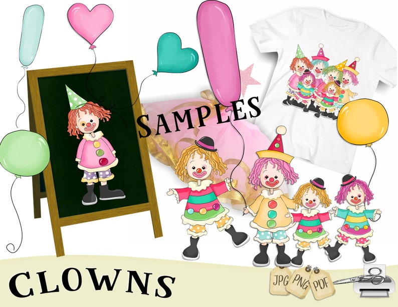 Clown Clipart, Children, Clipart, Circus, Journal, Scrapbooking, Craft, printable, Cardmaking, Sublimation, Nursery, Party, Sublimation image 4