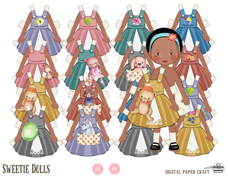 Paper Doll, Multicultural, Digital Paper doll, Cut out doll, Printable doll, Instant Download, Little dresses, Little girl dolls, printable image 6