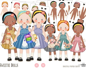 Paper Doll, Multicultural,  Digital Paper doll, Cut out doll, Printable doll, Instant Download, Little dresses, Little girl dolls, printable