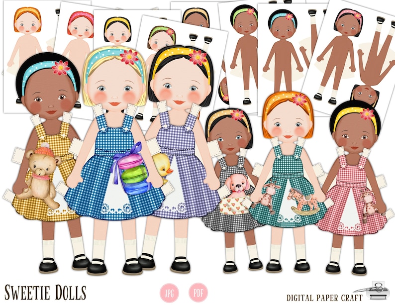 Paper Doll, Multicultural, Digital Paper doll, Cut out doll, Printable doll, Instant Download, Little dresses, Little girl dolls, printable