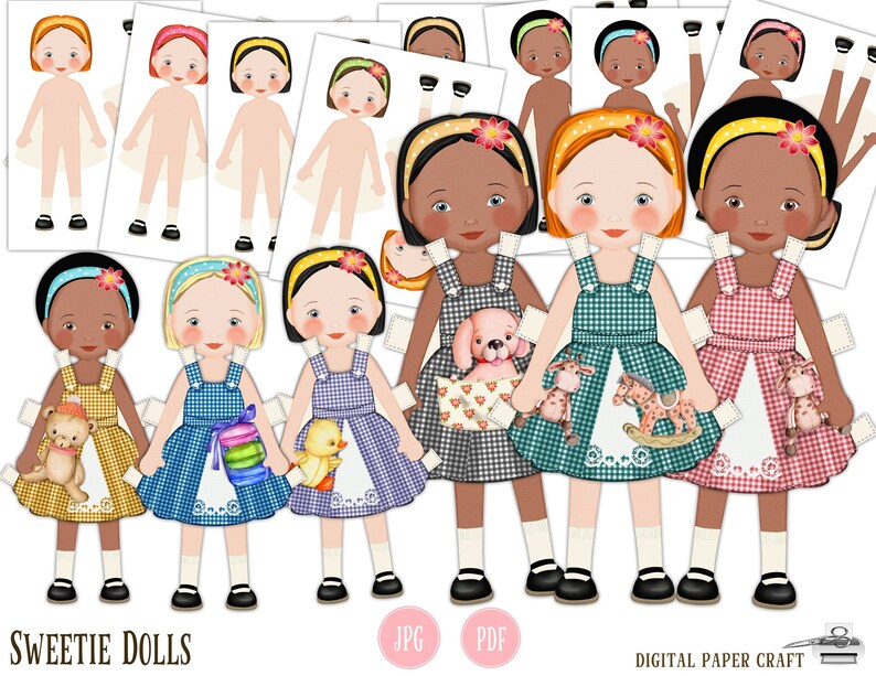 Paper Doll, Multicultural, Digital Paper doll, Cut out doll, Printable doll, Instant Download, Little dresses, Little girl dolls, printable image 9